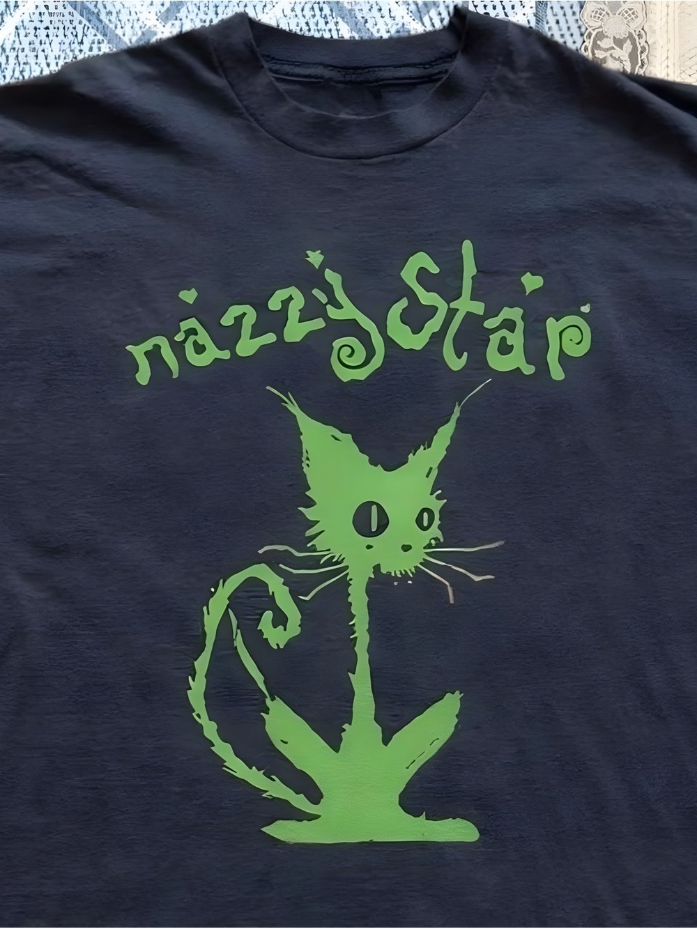 Y2K edgy grunge cat graphic tee black green unisex Black printed t-shirt - Picture 2 of 3